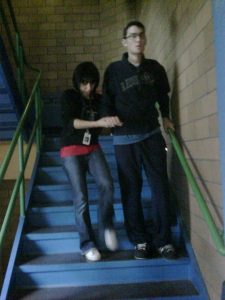 Image of Nicholas Morihovitis at rehab practicing on stairs